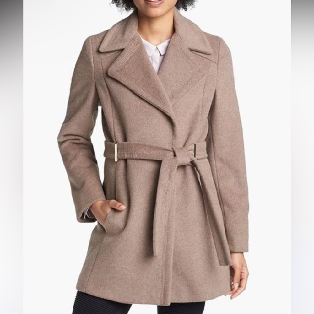 Calvin Klein Wool Blend Belted Coat Oat Taupe Brown Plus Size 2X